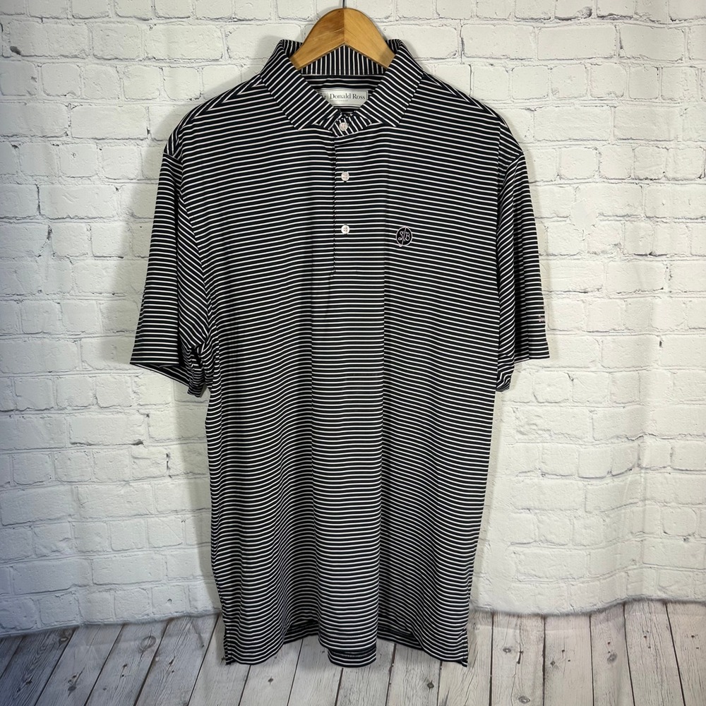 Donald Ross Sportswear Mens Large Navy Blue Striped Performance Golf‎ Polo Shirt